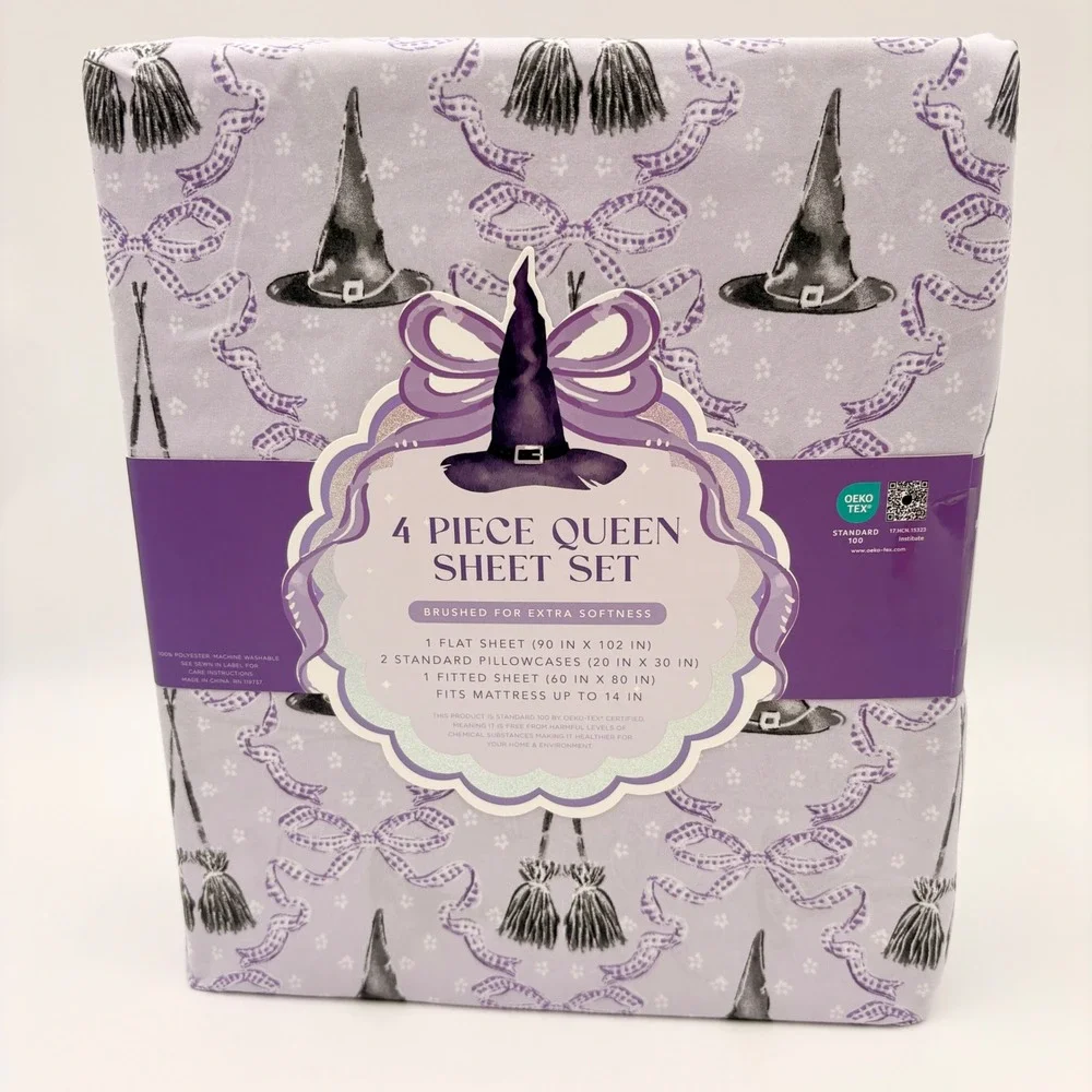 Willow Wonders Queen Sheet Set 4pc Lavender Witch Hat Broom Halloween Bedding